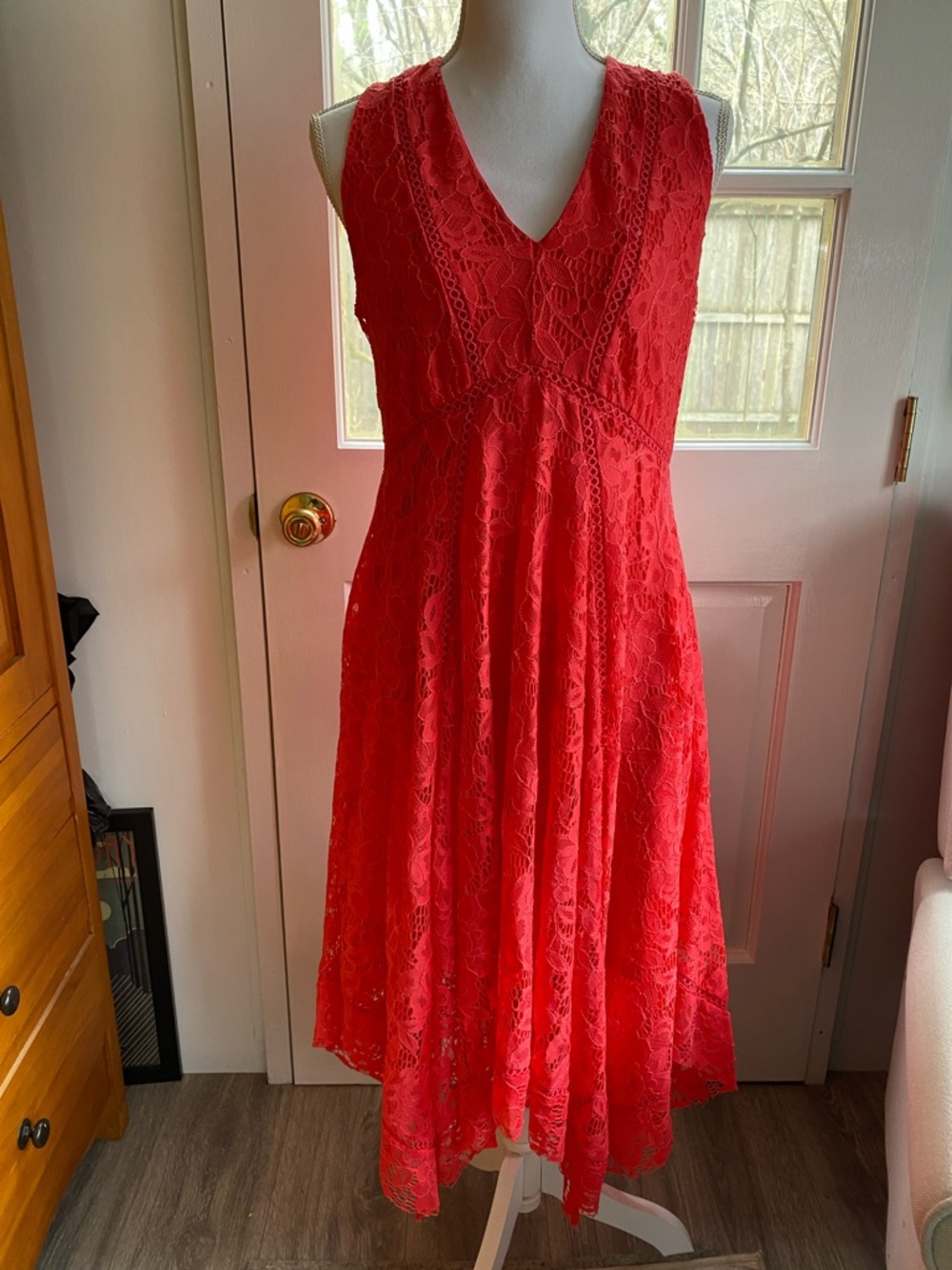 Taylor Vibrant Hot Pink Lace V-Neck Midi Dress